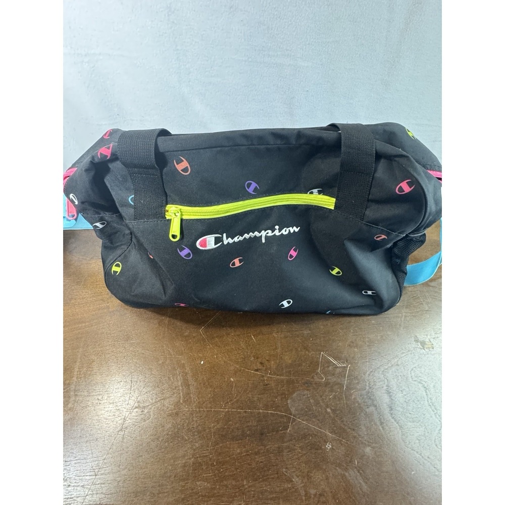 Champion Duffel Gym Bag Black Multicolor Logo Neon Zip Shoulder Strap